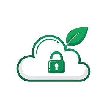 Green cloud computing security icon with leaf and open padlock representing eco friendly data storage