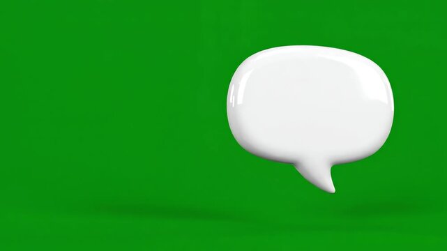Animated 3D white speech bubble popping up and floating with subtle bounce motion on a bright green screen background for video compositing