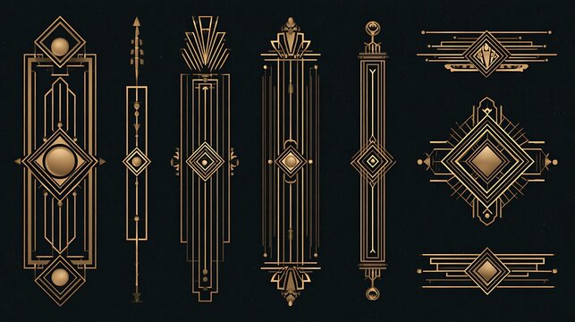 Art deco golden frame elements on black background. Use for elegant wedding invitations or luxury vintage posters.
