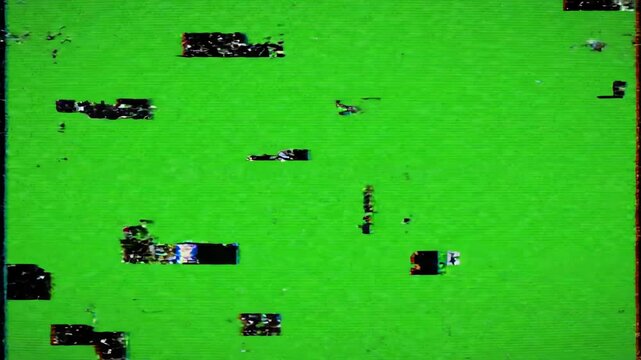 Analog distorted glitch effects with flickering static and chromatic aberration over a bright green screen background for video compositing