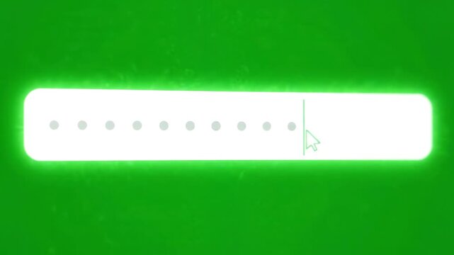Animated digital password input field with blinking cursor and appearing dots on a bright green screen background for easy chroma keying