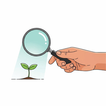 Hand holding a magnifying glass focusing on a small green sprout growing from soil