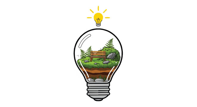 Eco friendly concept with a tiny green park and wooden bench inside a light bulb