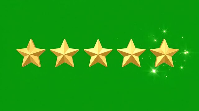 Animated golden five star rating icons appearing sequentially on a bright green screen background for chroma key compositing
