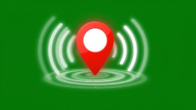 Animated GPS location pin icon pulsing with radio wave signals on a bright green screen background for digital map interface compositing