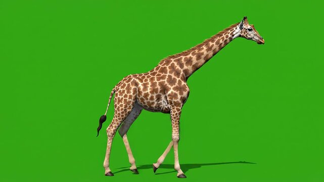 Animated giraffe walking in a seamless loop isolated on a bright chroma key green screen background for easy compositing