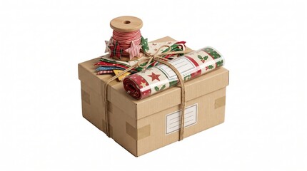 Fototapeta premium Christmas Gift Wrapping Supplies on Cardboard Box