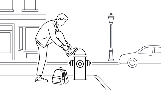 Man tying shoelace on fire hydrant in city