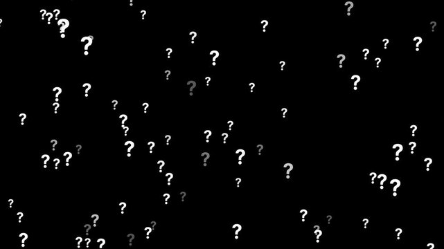 Animation of a lot of white question mark moving on Black background motion graphic effects. animation of a lot of white question mark moving on chroma key. Question marks flying animated.
