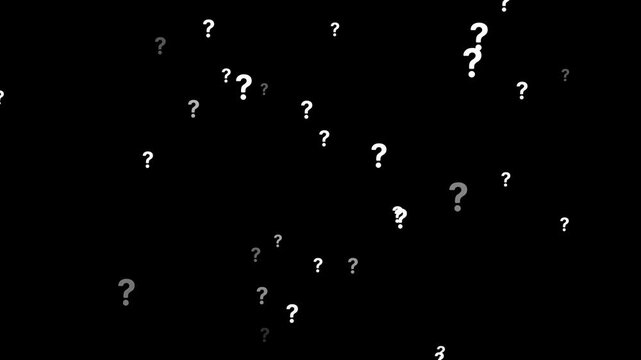 Animation of a lot of white question mark moving on Black background motion graphic effects. animation of a lot of white question mark moving on chroma key. Question marks flying animated.