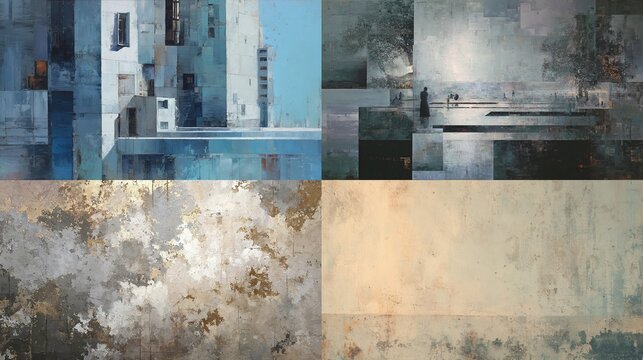 Abstract architectural and landscape art with a deliberate variation and imperfect style, featuring buildings, water, and sky