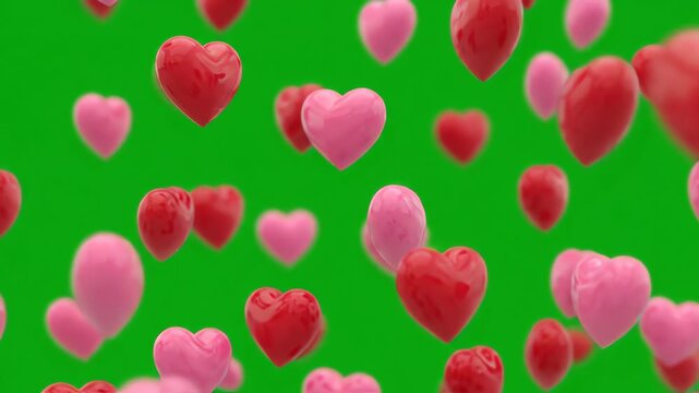 Animation of many red and pink 3D hearts floating and swaying upwards against a bright green screen background for chroma key compositing