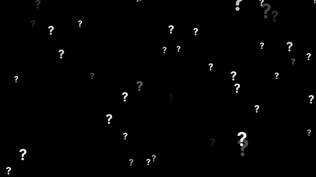 Animation of a lot of white question mark moving on Black background motion graphic effects. animation of a lot of white question mark moving on chroma key. Question marks flying animated.