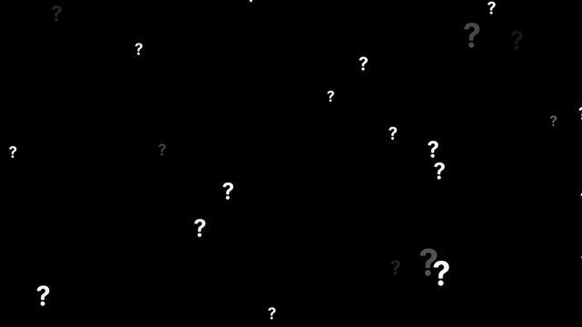 Animation of a lot of white question mark moving on Black background motion graphic effects. animation of a lot of white question mark moving on chroma key. Question marks flying animated.