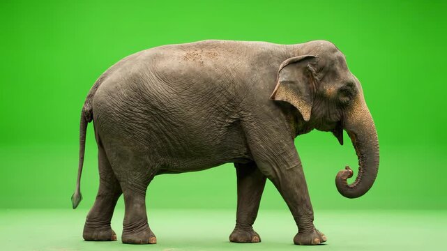 Asian elephant walking slowly across a bright chroma key green screen background showing detailed skin texture and trunk movement