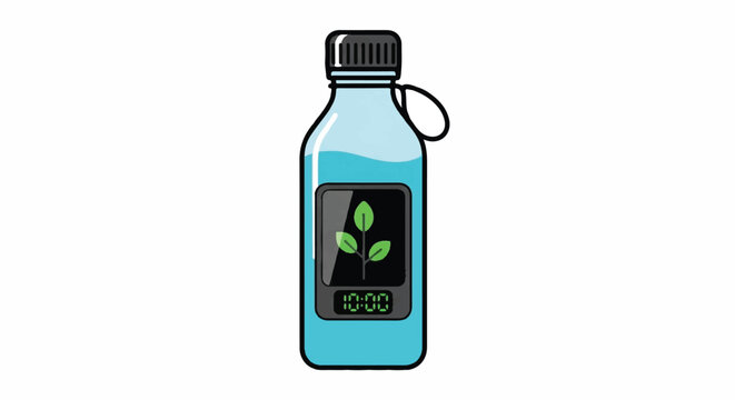 Modern reusable smart water bottle vector illustration featuring a digital display and leaf icon