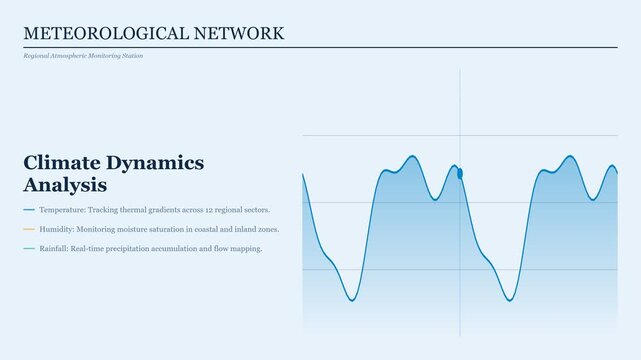 Climate dynamics analysis infographic template with meteorological network data visualization and blue wave graph on a light