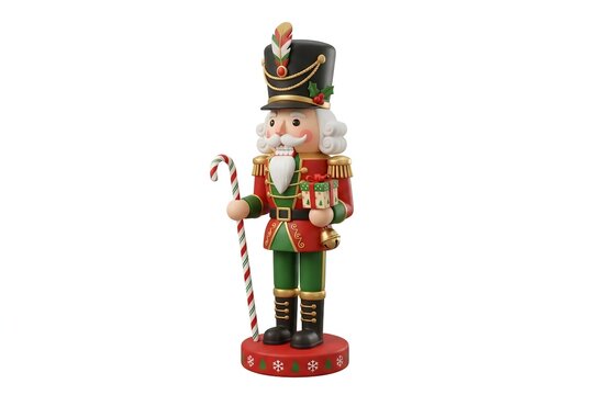 Traditional Christmas nutcracker toy with candy cane and gift on white