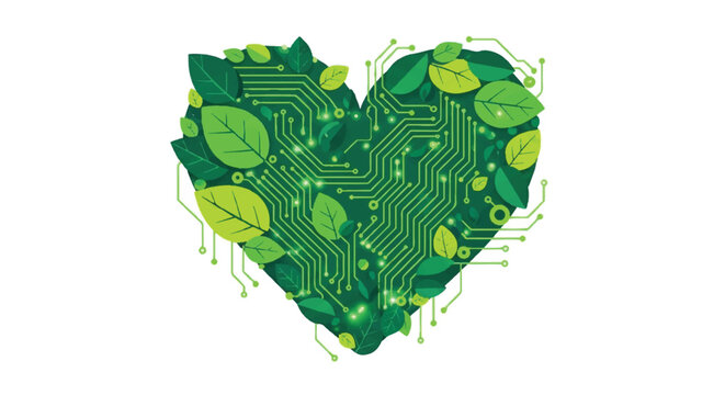 Eco friendly technology concept with green heart shape formed by leaves and circuit board patterns