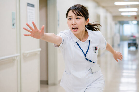 病院の廊下を走る看護師の様子