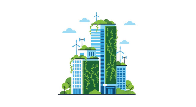 Green eco friendly city illustration with sustainable architecture skyscrapers powered by wind turbines and renewable energy