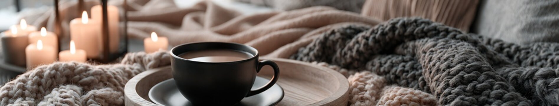 Black ceramic cup of hot tea on a wooden tray surrounded by chunky knit blankets and lit pillar candles in a cozy home interior