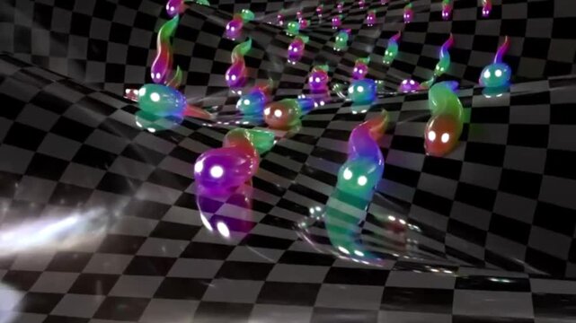 A swarm of transparent creatures&mdash;shaped like neon-spirit tadpoles with glowing white eyes&mdash;glides dynamically across a checkered floor surface that undulates and is surreally distorted.