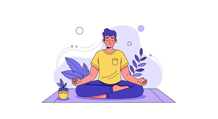 Obraz premium An illustration of a man meditating in a lotus position on a yoga mat, surrounded by plants, depicting peace and mindfulness.