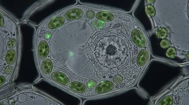 Microscopic view of plant cell with glowing chloroplasts