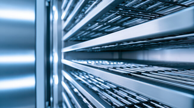 Rows of empty stainless steel wire shelves inside a sterile pharmaceutical freeze dryer chamber with cool blue metallic tones and vanishing point perspective