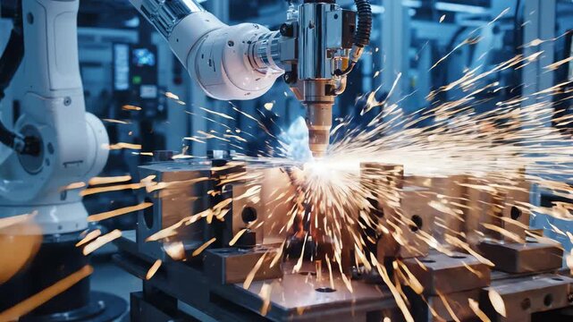 Automated robotic laser welding arm precisely joining metal industrial components with bright orange sparks in a high-tech factory