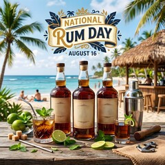 Obraz premium National rum day celebration with bottles and tropical drinks