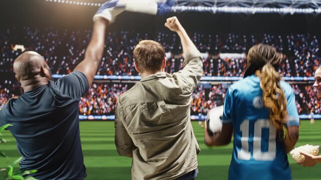 Cheerful soccer supporters thrilled by team victory on immersive TV feel close to the pitch as joyous football fans at home celebrate a goal and stadium experience during live match viewing.