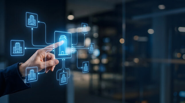 Enterprise architect managing a connected holographic business ecosystem and corporate network