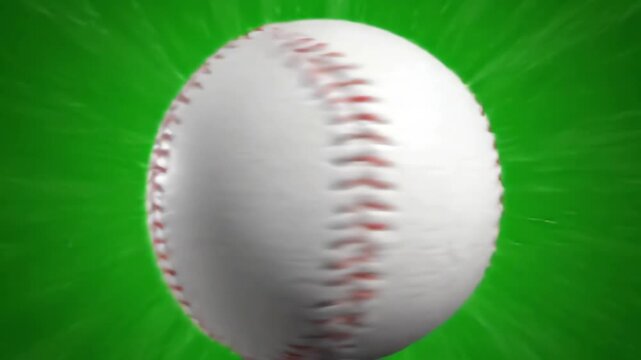 Baseball ball spinning and flying towards camera on chroma key green screen background for sports transition effect