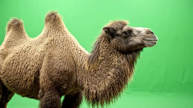 Bactrian camel standing against a professional green screen background while slowly chewing and blinking its eyes