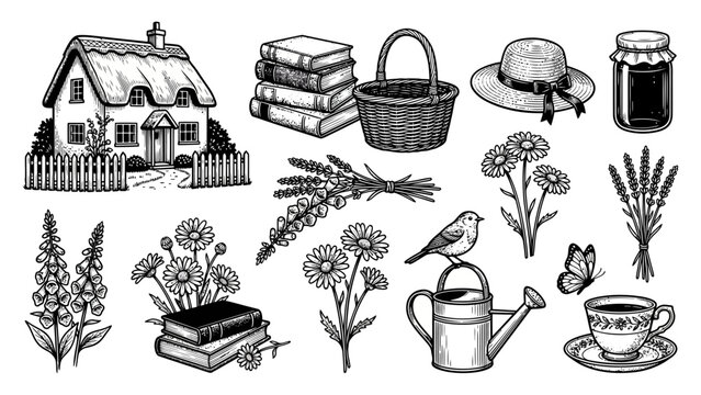 Cottagecore rural lifestyle element set, thatched house basket books flowers bird hat jam, for rustic nature graphics, vintage engraved style , vector illustration