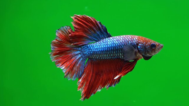 Beautiful red and blue betta fish swimming gracefully with flowing fins against a solid bright green screen background for easy compositing