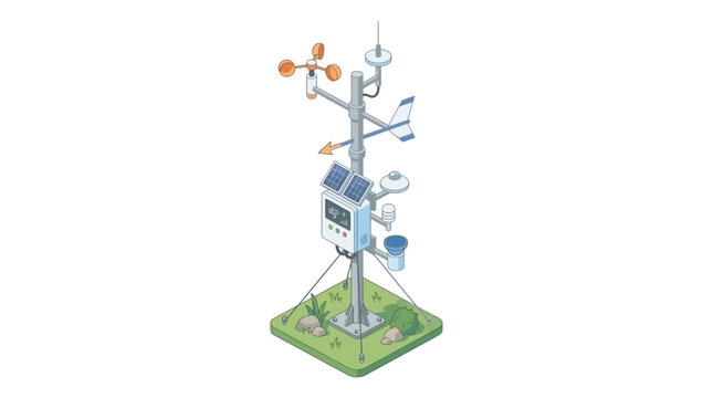 Isometric weather station with solar panels and wind vane on a grassy base, clean illustration style