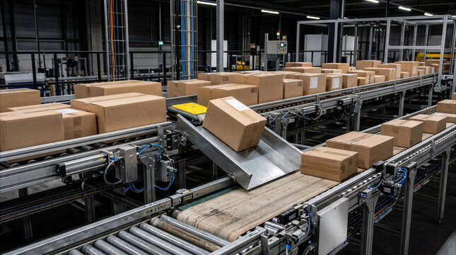 Automated conveyor system transporting cardboard boxes in a modern logistics warehouse distribution center for e-commerce fulfillment.