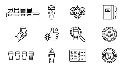 Fototapeta premium Beer Tasting Icons: Flight, Glass, Hops, Notebook, Hand, Thumbs Up, Magnifier, Stamp, Row, Steaming