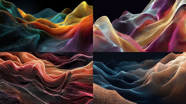 Abstract composition of colorful, undulating waves with a grid-like texture, suggesting a computational or technological theme
