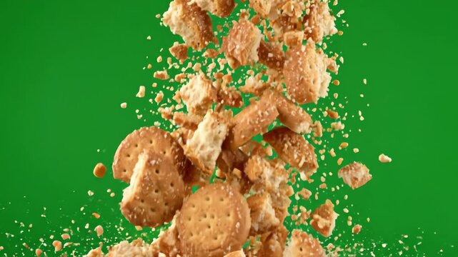Bread crumbs and cookie fragments falling against a green screen background with realistic gravity and motion
