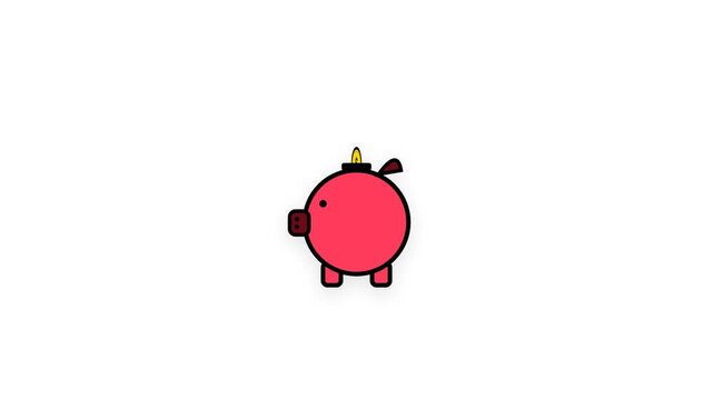 Cartoon pink piggy bank and dollar coin on white background 4k