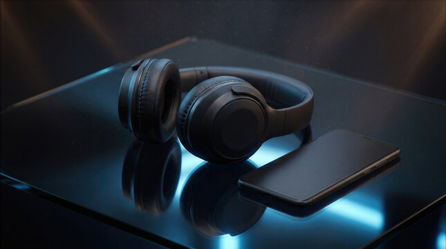 Premium black wireless headphones and smartphone on reflective dark surface with blue neon lighting