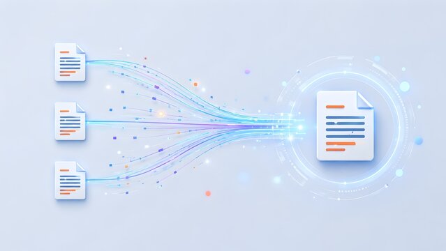 Three document icons sending colorful data streams into one large file. Concept of digital document management and electronic workflow integration.
