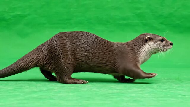 Brown river otter walking across a solid green screen background with sleek fur and visible paw movements for compositing