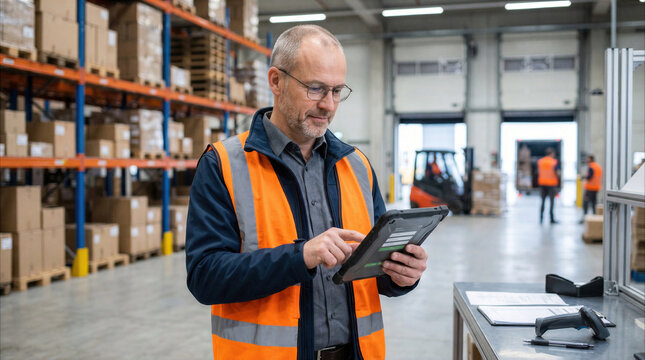 Warehouse manager using digital tablet for inventory management in a modern logistics distribution center.