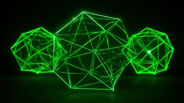 Abstract glowing green wireframe polyhedra representing complex digital concepts, symbolizing technological innovation and intricate interconnected structures in a dark, futuristic setting