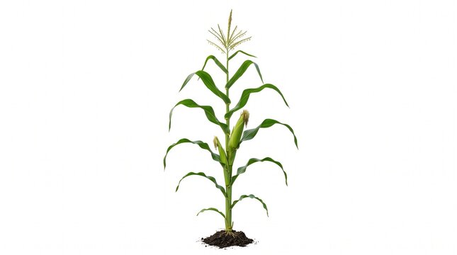 Single corn plant with two green cobs on white background